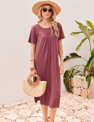 Ekouaer Long Sleepshirts Womens Bamboo Viscose Nightgown Short Sleeve Pajama Dress Dark Pink — view 5