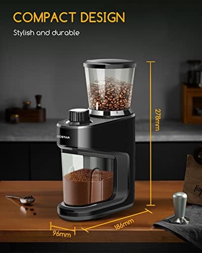 Aigostar Conical Burr Coffee Grinder, Electric Coffee Bean Grinders, Portion Control, Multiple Grind Settings, Black, Hills 30H1L