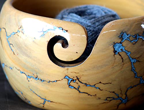 Image of Lichtenberg Figure Yarn Bowl - Handmade Wooden Yarn Bowl for Knitting Yarn Ball Holder - Yarn Bowls with Holes Crochet Bowl Holder - Yarn Storage Bowl 7 inch x 4 inch inches (Sky-Blue-B)