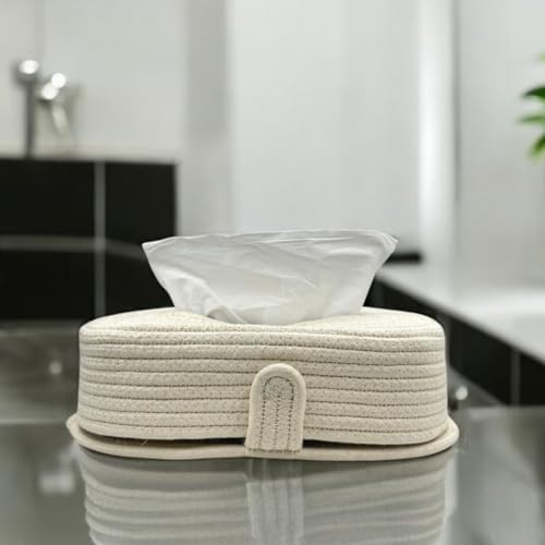 Image of BOBBINY Jute Cotton Tissue Box Holder, Handcrafted Tissue Container for 100 Pulls Natural Tissue Holder for Office Living Bedroom Car Desk Dining Table Home Decor (Off White, Design 6)
