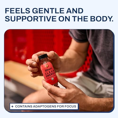 Image of Ethan's Organic Clean Energy Shots Tart Cherry Ginger, 6 Pack of 2oz | 150mg Caffeine | Green Tea, Guayusa, Lion's Mane & Cordyceps | Sugar-Free, Vegan, Gluten-Free, USDA Organic