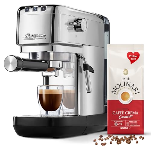 Tchibo Siebträger Espressomaschine „Lapressa“ (15 bar, 980ml Wassertank), Pre-Infusion Technologie, 2-Tassen-Funktion und Milchschaumdüse (Silber) INKLUSIVE Caffè Molinari Kaffeeprobierpack GRATIS
