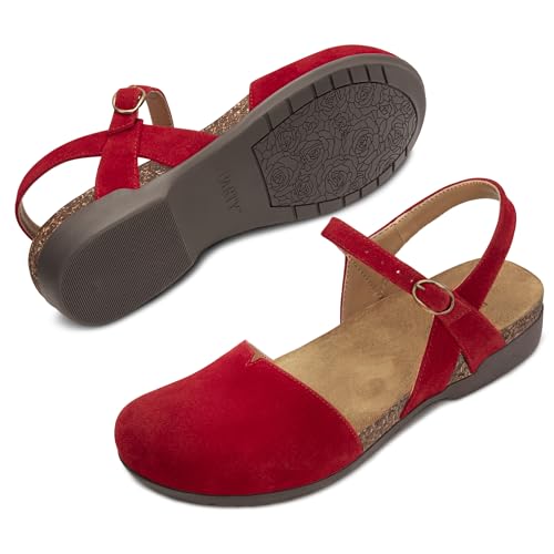 Image of PARTY Closed Toe Sandals Women, Barefoot Arch Support Flat Sandals for Office Work and Travel with Comfortable Cork Footbed