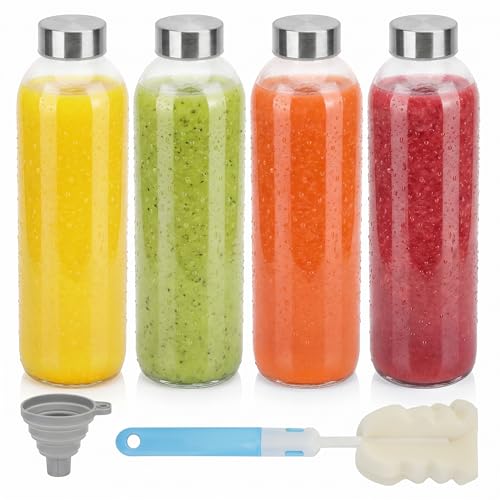 Image of Zukro 24 oz Glass Juice Bottles With Stainless Steel Lids, Airtight & Leak Proof, 4 Pack Reusable Clear Glass Jar For Juicing, Water, Homemade Drinks, Smoothie & Milk, Dishwasher Safe & BPA Free