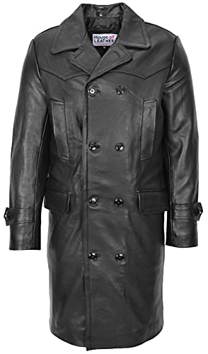 Mens Real Leather 3/4 Length Coat Double Breasted Trench Style Submarine Black