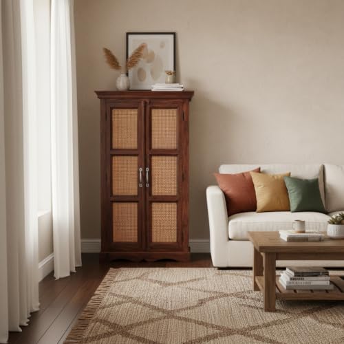 Image of APRODZ Mojo Sheesham Wood Two Door Cane Wardrobe (Sheesham Wood - Walnut)