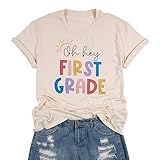 DUTUT First Grade Teacher Shirt for Women Back to School Letter Print T-Shirts Teacher Gift Short Sleeve Blouse Tops Apricot