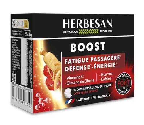 HERBESAN®- COMPLEXE BOOST - 3 ACTIFS dont caféine - Effet coup de fouet - Goût Fruit rouges - Fabrication française - 30 comprimés à croquer