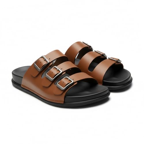 Image of Men's Premium Leather Toe Loop Slippers | Adjustable Buckle Slip-On Flats | Comfortable Cushioned Footbed | Casual Summer Beach Walking Slippers | Brown