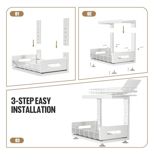 Image of Under Sink Organizer Upgrade To Professional Rails,2-Tier Dual Pull Out Cabinet Storage,Height Adjustable Slide Out Drawers For Bathroom Kitchen,2 Pack-14.5 inch Dx12.8-16.9 inch H,White