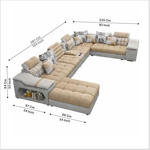 Image of Avion COMFORA U Shape 12 Seater Sofa Set for Living Room | Interchangeable U-Shaped Sectional Sofa Set with Cup Holder with 4 Puffy for Living Room & Office