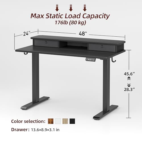 Image of TIQLAB Standing Desk with Two Drawers, Stand Up Standing Desk Adjustable Height, Electric Sit Stand Table with Storage Shelf and Splice Board, 55 * 24 inch, Black