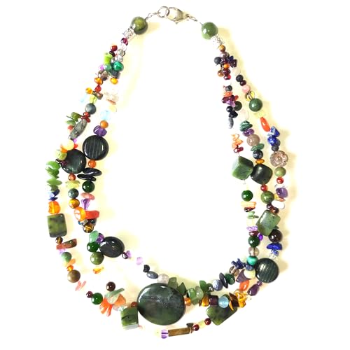 Collier 3 rangs en argent 925 avec jade du Canada et pierres véritables multicolores