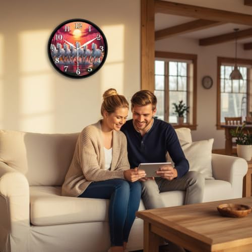 Image of Lucky 7 Running White Horses Vastu Wall Clock for Living Room & Home Decor | Round Analog Silent Non-Ticking Sunrise Watch | Feng Shui Decorative Timepiece for Office, Black Frame
