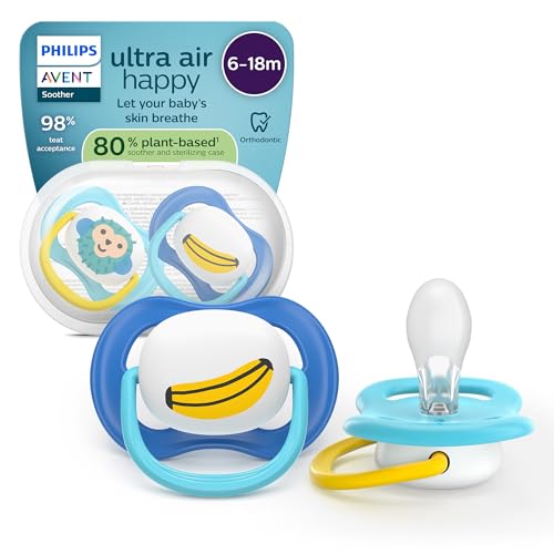 Philips Avent chupetes ultra air: diseño anatómico, para bebés de 6 a 18 meses, tetina simétrica de silicona suave, sin BPA, con estuche esterilizador, paquete de 2, SCF080/26