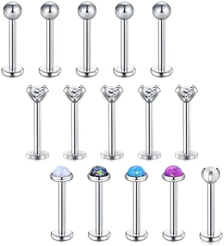 VCMART 12pcs Silver Labret Lip Stud Bars 16G Surgical Steel Monroe Tragus Cartilage Piercing 6/8/10mm