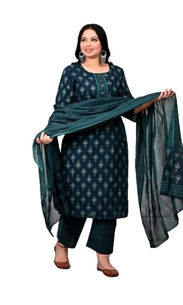 Plus Size Floral Print Pure Cotton Straight Kurta, Dupatta & Pant Set B.Green