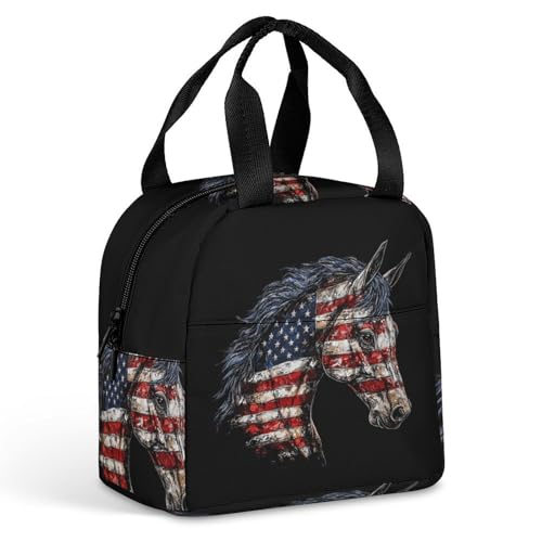 Horse with U.S.A Flag Lunch Bag for Women Men Adult Handle Insulated Container Tote Lunch-Box