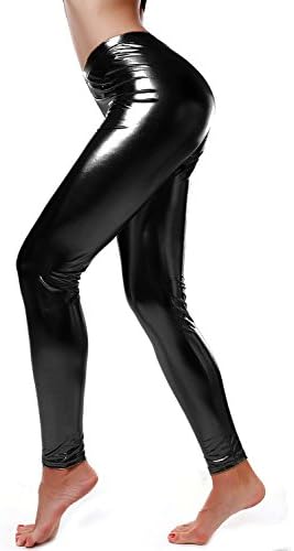 Women Faux Leather Leggings Wet Look Metallic Waist Legging Pants Trousers