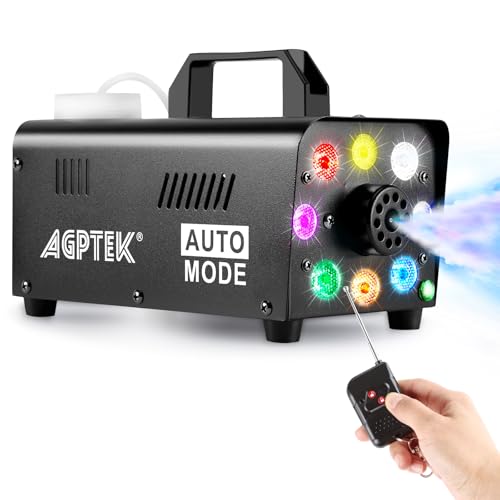 AGPTEK Máquina de humo con mando a distancia inalámbrico y 8 luces LED, estable y portátil, ideal para Halloween, Navidad, bodas, actuaciones en el escenario, etc.