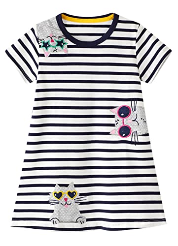 Image of Girls Cotton Long Sleeve Casual Cartoon Appliques Striped Jersey Dresses