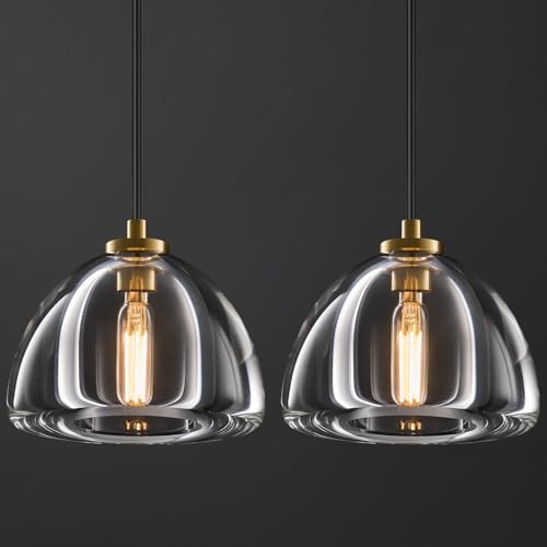 Crystal Pendant Light Kitchen Island: 2 Pack Luxury Brass Hanging Lights - 7" Modern Crystals Hemispher Lighting Fixture over Dining Table - Adjustable Gold Pendants Light for Bathroom Bulbs Included