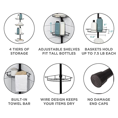 Zenna Home Tension Pole Shower Caddy, 4 Basket Shelves With Built-In Towel Bars, Adjustable, 60 To 97 Inch, Matte Black #TOP3