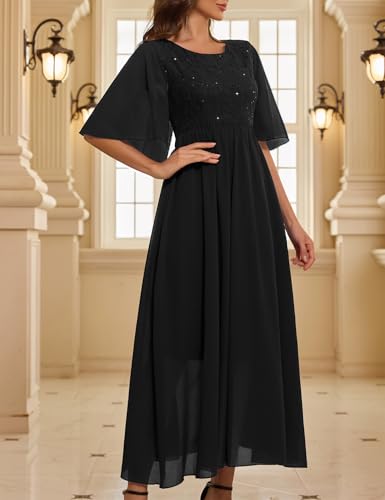 Women's Wedding Guest Long Dress Cocktail Party formal Cape Ruffle Sleeve Chiffon Lace Sequin Dress3