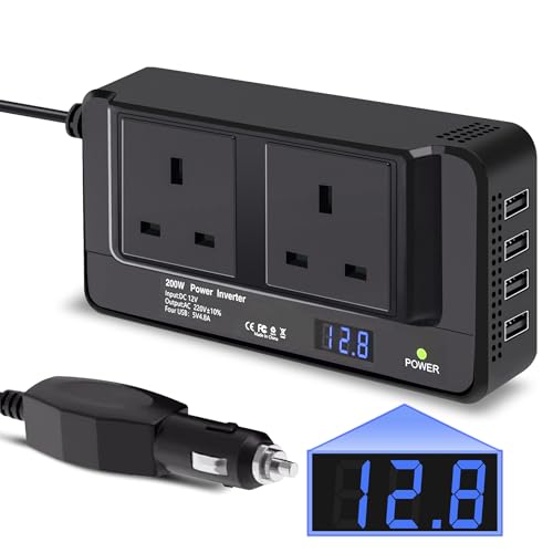 LTZRXT 200W Car Power Inverter, DC 12V to AC 230V, 2 Sockets, 4 USB Ports (2x QC3.0), Black, Car Lighter Plug, Ideal for Truck, RV, Camping, 1 Pack