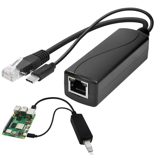Gigabit Type C PoE Splitter 5V 3A, IEEE 802.3af/at Standard 1000Mbps, PoE Adapter Ethernet to Type C with RJ45 Port, Type C PoE Switch Power Over Ethernet Splitter for USB-C SBCs IP Cameras Monitors