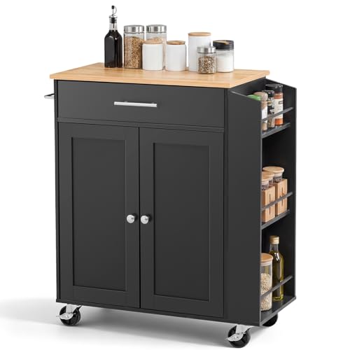 VEVOR Kitchen Island Cart with Storage, 31.3 in Wide Mobile Rolling Storage Island on Swivel Wheels, with Drawer, Storage Cabinet, Spice/Towel Rack, Table for Home Dining Room, Black - image 1