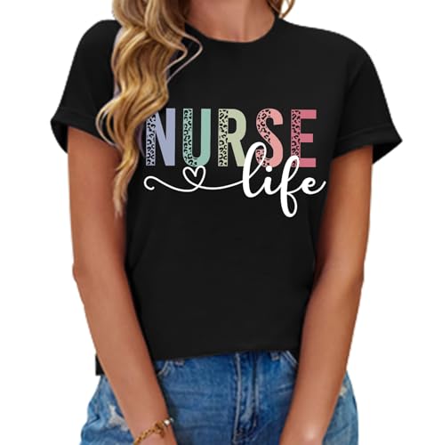 Image of Women Nurse Shirts Nursing Life Letter Short Sleeve Register Nurses Inspirational Tee