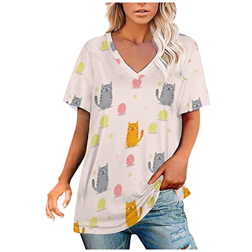yoeyez Mushroom Cat Print Casual T-Shirt for Women V-Neck Loose Summer Short Sleeve Tunic Tops Baggy Soft Dressy Top