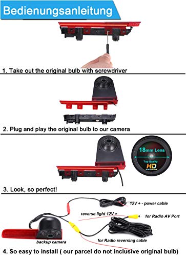 18 mm Lens Reversing Camera + 7 Inch TFT LCD Screen Monitor Brake Light Car Roof Reversing Camera Replacement for T5 Multivan T6 Caravelle Tailgate High Roof 3rd Brake Light - Image 4