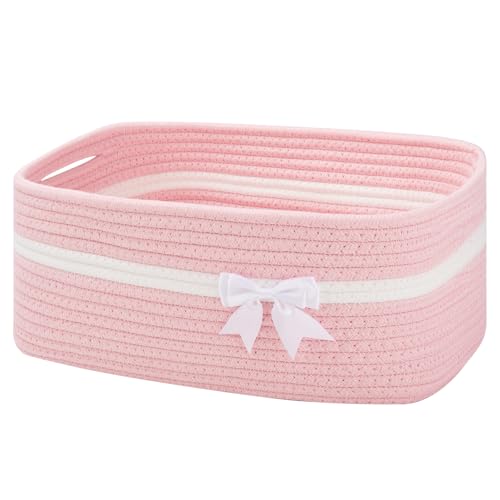 Image of OIAHOMY Large Woven Storage Basket with Handles for Nursery Living Room Shelves, Bow Basket for Gifts Empty with Gift Bags and Ribbons for Baby Showers Pet Toy Bin - Pink, 25L