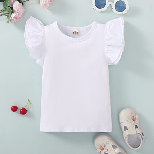 Sanpersonlin Toddler Baby Girl Solid Color T Shirt Kids Blouse Basic Plain Ruffle Top Cotton Casual Clothes (0021B-Short Sleeve White, 3-4 Years)