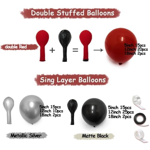 Image of Red Black Balloon Arch, Double Stuffed Dark Ruby Red Black Silver Balloon Garland Kit Burgundy Maroon Balloons for Birthday Wedding Valentines Day Baby Shower Engagement Graduation Party Decor