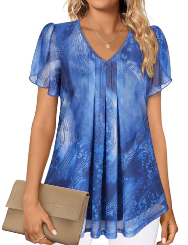 Blouses for Women UK, Chiffon Tops Summer Work Tops for Women Office Dressy Shirt Short Sleeve Tunics Tops for Leggings V Neck Chiffon Blouse for Daily Wedding Guest Layered Womens Shirt Tops - Image 2