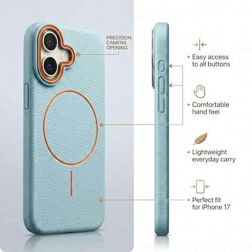 Image of amazon basics Luxury MagSafe Compatible Leather Texture Back Cover for iPhone 17 | Raised Camera Protection | Slim Fit Shockproof Case with Metallic Accents (Light Blue)