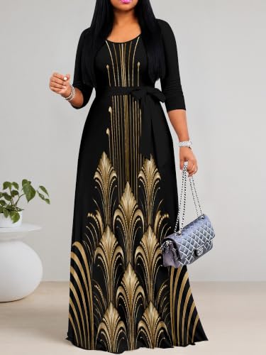 Image of Maxi Dress for Women with Sleeves, Empire Waist Dress | A-line shape, self-tie belt, side pockets and pull-on design; stretch fabric for church, work and casual wear