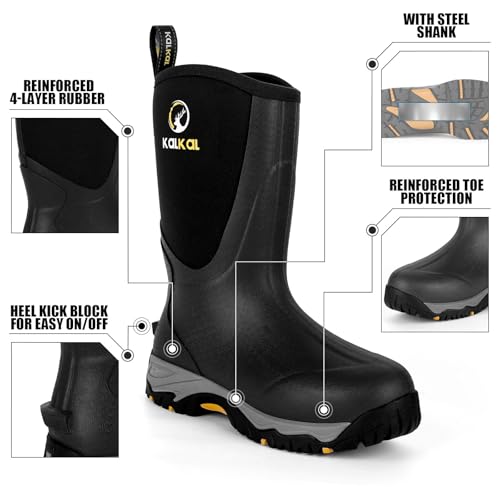 Kalkal Rubber Boots for Men, Waterproof Mid Calf Rain Boots with Comfortable Sports Outsole, 6mm Neoprene Insulated Rubber Work Boots - Garden Farm Mud Boots (Size 7-14)4