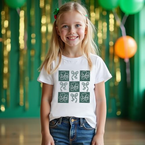 Image of Kid Girls St. Patricks Day Shirts Bow Lucky T-Shirt Shamrock Tees Clover Short Sleeve Tops Irish Outfits 7-12 Years