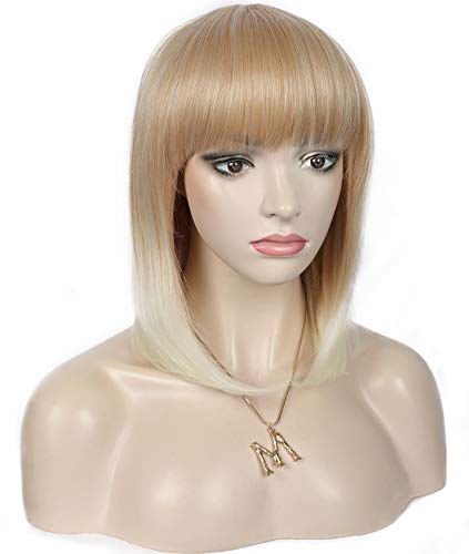 Kalyss Short Straight Bob Mixed Blonde Wigs with Hair Bangs Heat Resistant Yaki Synthetic Hair Wigs for Women