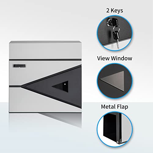Image of Wall-Mount Mailbox for House Outside, Security Drop Box with Lock and Keys, Steel Metal Mail Box with Newspaper Compartment, 14.57 x 14.57 x 4.33 Inch, Grey & Black, MD039 X-Large