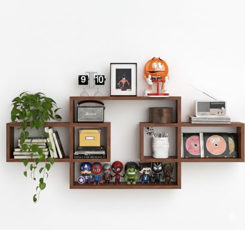 Image of Wooden Wall Shelves for Living Room, Bedroom Wall Mounted Rectangle Bookcase, Intersecting Wall Shelves for Storage Modern Decorative Display Shelves for Wall Decor (Brown)