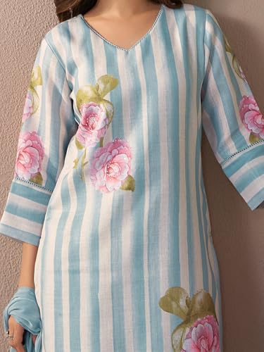 Image of INDO ERA Women's Straight Linen Floral Print with Beads Work Kurta Pant with Dupatta Set (IEOUT9824)