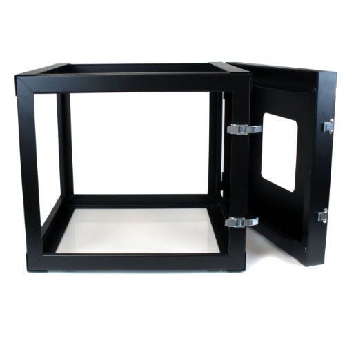 Image of StarTech 8U 4-Post Hinged Wall Mount Open Rack, 19in, 139lb (RK819WALLOH) | Swing-out hinged frame, SPCC cold-rolled steel, Ships fully assembled, Cage nuts, 19.8in /50.2cm depth