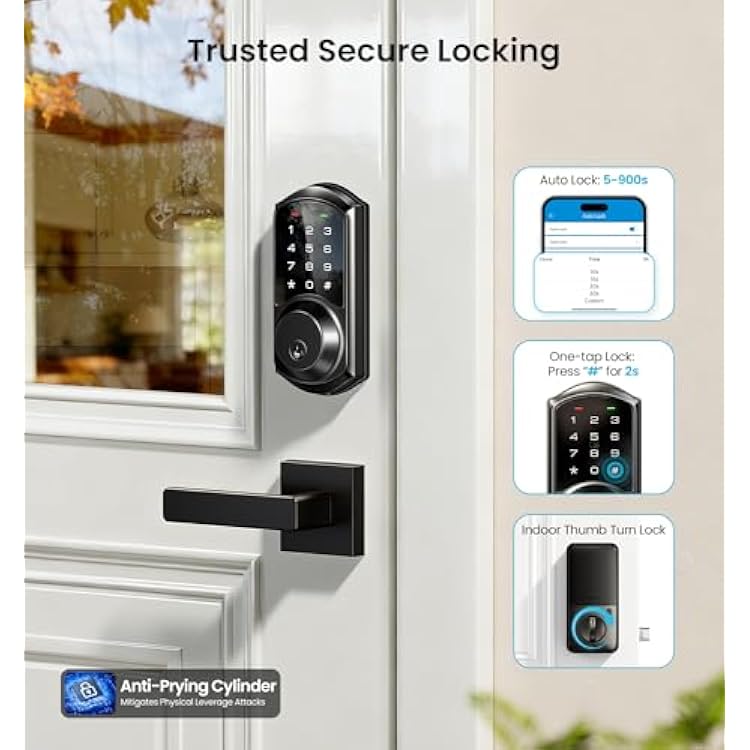 Veise VE06-L Smart Locks with 2 Lever Handle Set, App Control, Keyless Entry Deadbolt for Front Door, Electronic Digital Touchscreen Keypad, Auto Lock, Waterproof, Easy Installation, Matte Black