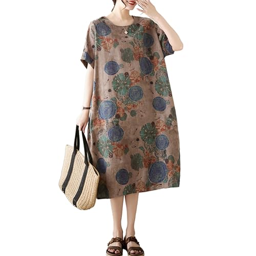 Image of LUZU JUNU Women's Summer Baggy Plus Size Loose Cotton Linen Long Boho Beach Dress with Pockets