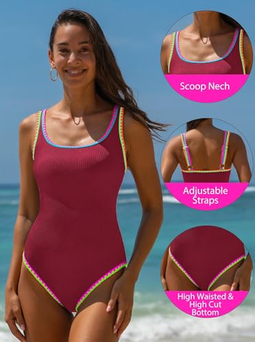 Image of popvil Women's One Piece Swimsuits Tummy Control -Slimming Bathing Suit Modest Neon Sport Swimwear 2026